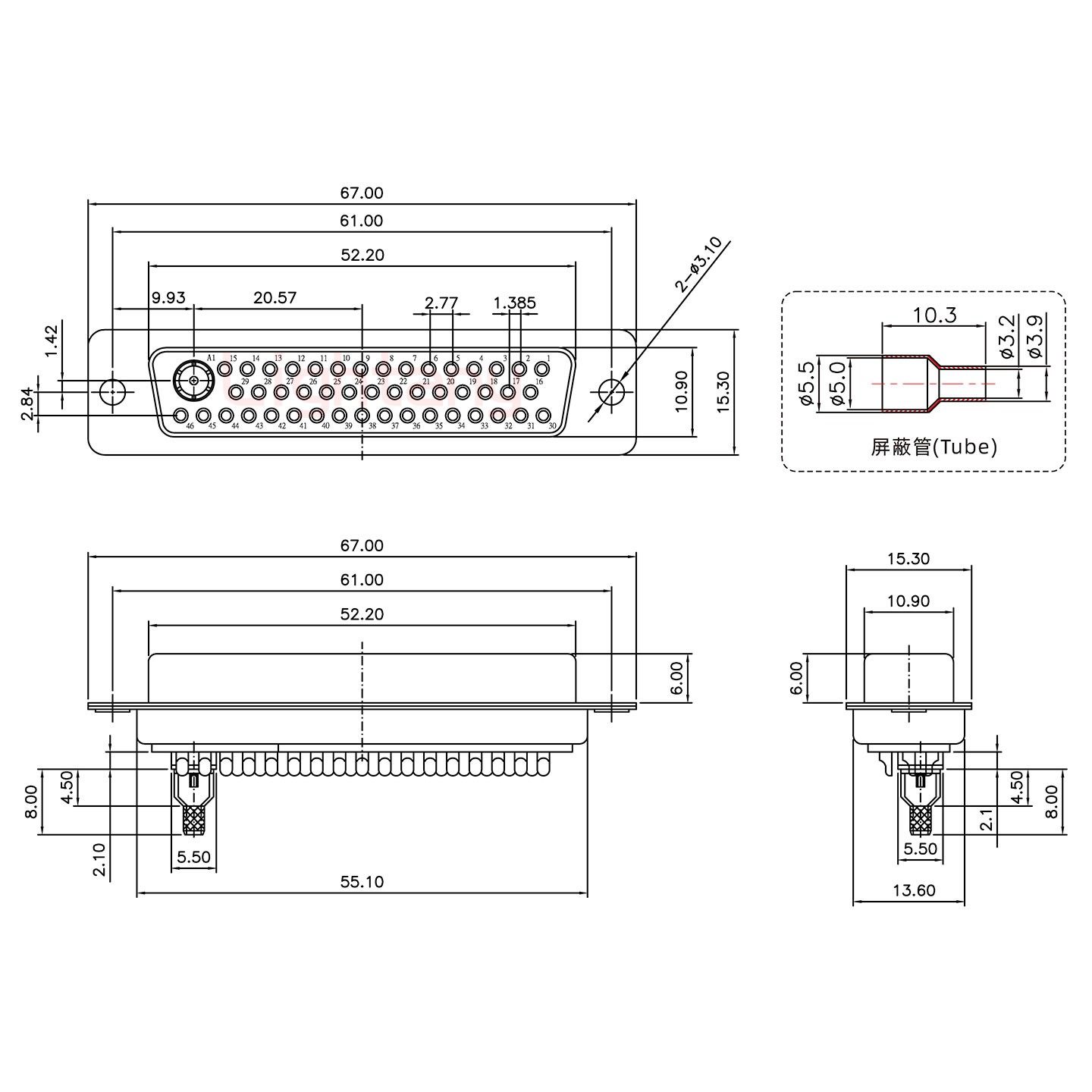 47W1母焊線式75歐姆+50P金屬外殼1745彎出線4~12mm